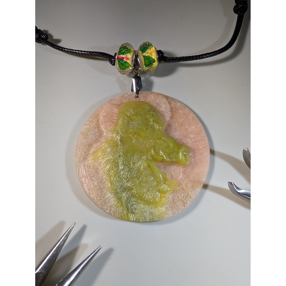 Lemon Jade Calcite Chinese Zodiac Boar Pig Pendant Adjustable Cord Necklace